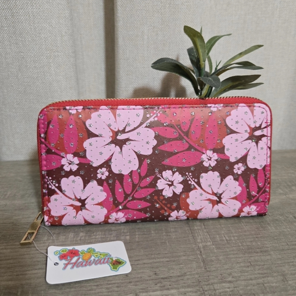 Hawaiian Hibiscus Full Zip Around Wallet Tropical Sparkle NWT